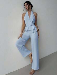 Two-Piece Set Featuring A Stylish And Romantic Asymmetrical V-Neck Sleeveless Top And Loose-Fitting Khaki Straight-Leg Trousers, Suitable For Summer, Beach, And Vacation - 灰色 - 查看 3