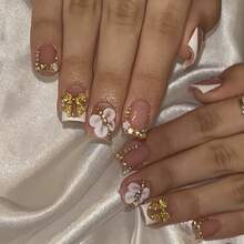 Euro-American Cross-Border Hot Selling French Manicure 3D Bow Gold Glitter Rhinestone Flower Press-On Nails Wholesal - FT-382 [Jelly Gel Type] - View 2
