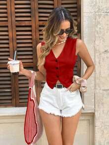 Chaleco sin mangas de mujer con textura de gofre, para uso casual en la oficina, en verano - Burdeos - Ver 7