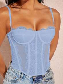 Top de tirantes bustier ribete con encaje - Celeste - Ver 4