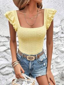 VCAY Camiseta De Mangas De Mariposa Con Cuello Cuadrado Y Bordado De Ojales, Camisa De Mujer - Amarillo - Ver 6