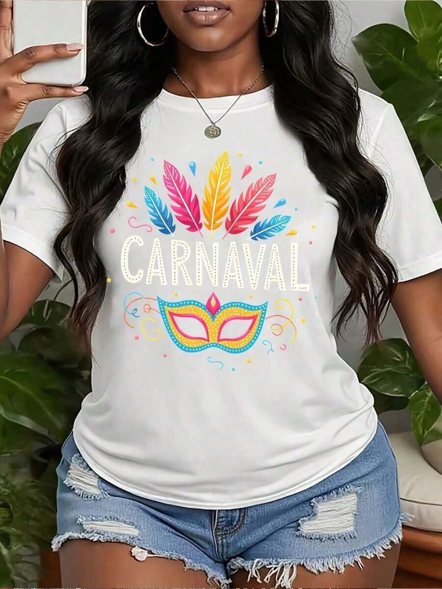 Carnival Party Taco Sunlight And Smile 100% Cotton Women's Carnival Short Sleeve Top CARNIVAL Mask Feather Print Holiday Gift Round Neck Machine Washable Comfortable, Soft, Breathable Suitable For Spring Summer, And Autumn Loose Casual Fashion Daily Commuting Simple Versatile Women's Top S-XXL Breathable Cotton Tee, All Party Positive Attitude Positive Cool Summer Clothes For Women From Attitude - 白色 - 查看 1