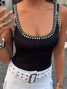 Blusa casual y versátil para uso diario con decoración de remaches para mujer de talla grande - Negro - Ver 4