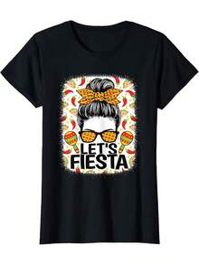 Women's "Let's Fiesta" Graphic T-Shirt, Mexican Cinco De Mayo Fiesta, Gift, Casual T-Shirt For Vacation, Party, Sports, Fashion, Unisex, Summer 2026, Short Sleeve Printed - 黑色 - 查看 1
