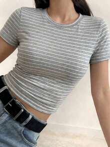 Camiseta de manga corta minimalista de unicolor para mujer, uso casual de todos los días en verano - Gris - Ver 6