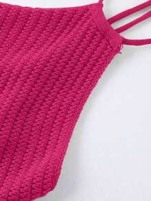 Blusa de punto de mujer de verano con cuello halter, dobladillo asimétrico y unicolor - Rosa Fucsia - Ver 4