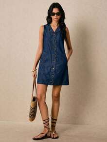 Vestido vaquero para mujer con bolsillos, abertura con botones de onda, vestido recto para mujer con cuello redondo, sin mangas, un solo botón, bolsillo, vestido azul de mezclilla para mujer, vestido azul marino, vestido estilo occidental para mujeres - Azul lavado medio - Ver 4
