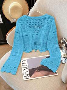 Top de punto nuevo de color sólido, cárdigan de encaje de ganchillo hueco, suéter de punto ligero y versátil para mujer. - Agua verde azul - Ver 2