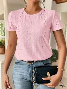 Camiseta blanca de cuello redondo con bordado de ojales, minimalista para ir a la oficina, estilo antiguo y sencillo - Rosa Pálido - Ver 6