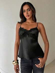 de satén con parches de encaje elegante y sexy para mujer - Negro - Ver 4