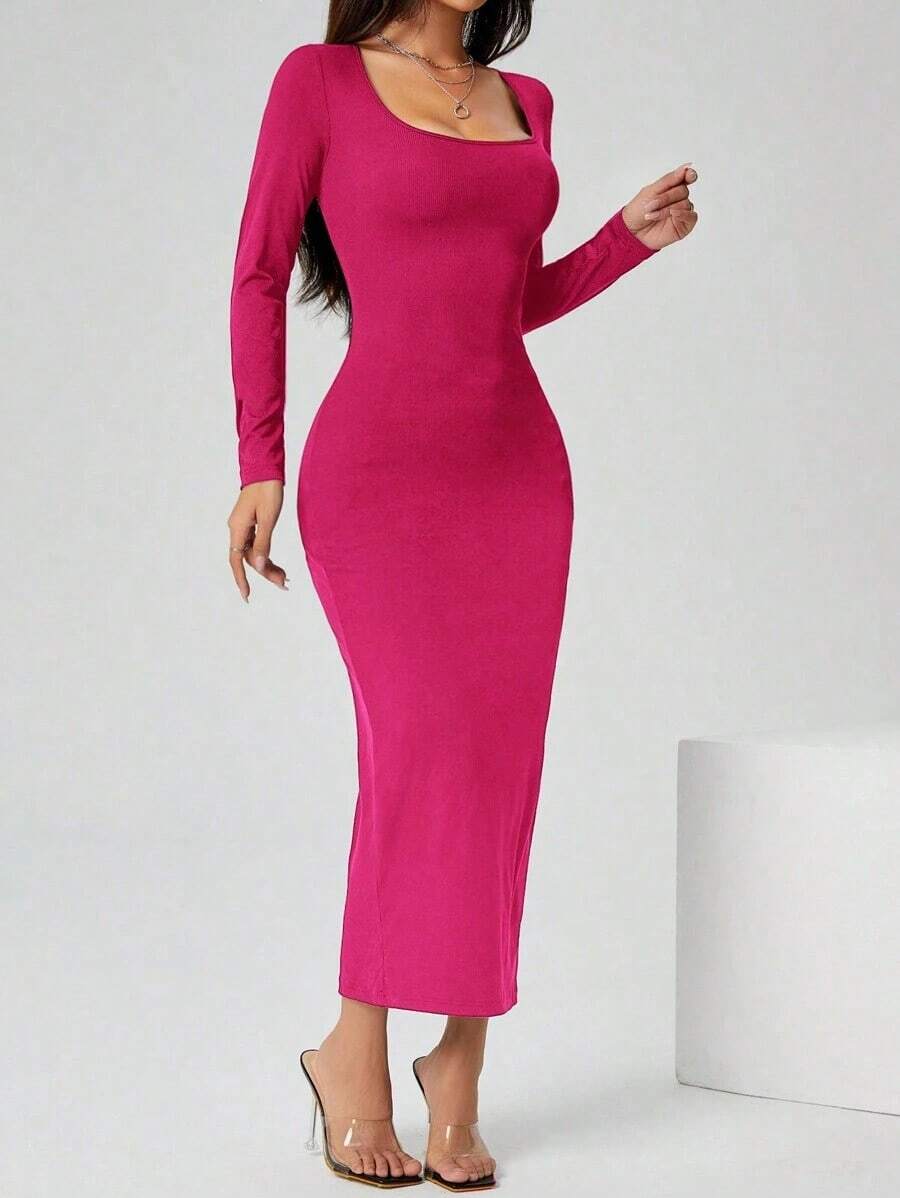 Vestido largo de manga larga con cuello cuadrado color negro sólido ajustado, vestido elegante de manga larga para mujer con cuello cuadrado, ajuste ceñido, manga recta, liso, para uso diario casual en primavera/otoño - Rosa Fucsia - Ver 1