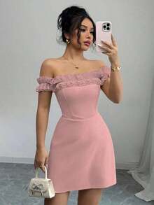 Vestido midi romántico para mujer con hombros descubiertos y corte en la cintura - Rosa Pálido - Ver 5
