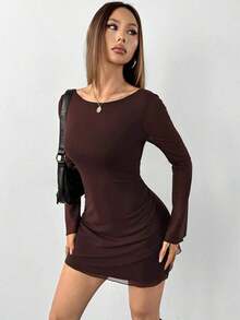 Vestido de malla con mangas de trompeta y espalda descubierta, nuevo y sexy para principios de otoño - Marrón - Ver 5