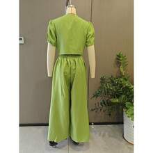 Elegant Spring Outfit For Women, Short Button-Down Blouse And Flared Trousers, Fashionable Style - 綠色 - 查看 3