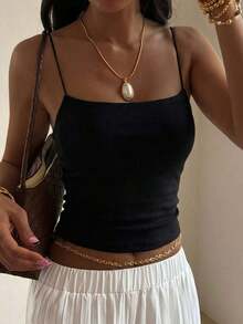 Top camisola ajustado y plisado de unicolor minimalista para uso casual y diario, verano - Negro - Ver 3