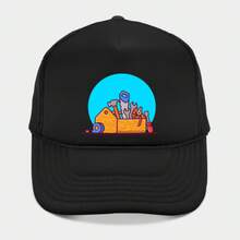 This Black Cap Features An Illustration Of A Colorful Tool Box With Various Tools Like A Hammer And Wrench On Top, Set Against A Bright Blue Circular Background. - Black - View 2