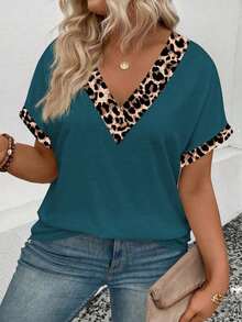 Selamara Camiseta casual y versátil con estampado de leopardo para mujer de talla grande, nueva llegada de primavera/verano - Agua verde azul - Ver 5