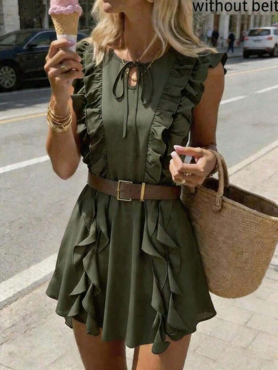 MSPariaura Vestido con diseño de volantes de ancho completo en marrón vintage / Minifalda estilizante con cintura ceñida / Conjunto elegante y dulce Z - Verde militar - Ver 1