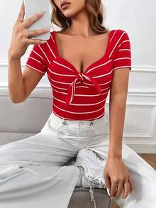 Camisetas Nudo A rayas Casual - Rojo - Ver 1