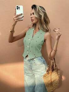 Camisa informal sin mangas para mujer, moda minimalista para uso diario - Verde - Ver 4