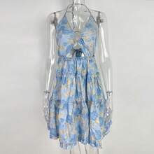 Vestido primavera mujer estampado, estilo sensual, escote al cuello con tirantes, calados y corte en capas - Azul - Ver 3