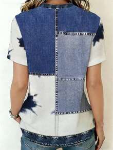 Camiseta casual versátil de mujer con cuello redondo, manga corta y diseño de rayas y patchwork - Multicolor - Ver 2