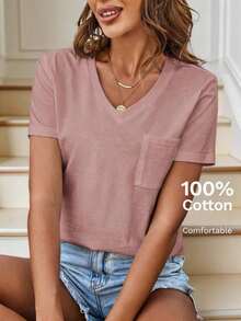 Camiseta de mujer cómoda de algodón, informal, con bolsillo, cuello en V, versátil y de moda - Morado - Ver 11