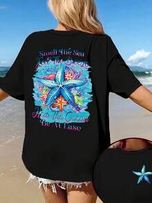 Women's Short-Sleeved T-Shirt, Vacation Style, Elegant And Casual, Summer Top That Goes With Everything. - 黑色 - 查看 12