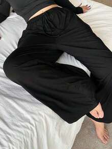 Plus Pantalones de pijama de pierna recta con cintura elástica y cordón para mujer de talla grande, pantalones de estar por casa de unicolor, para otoño e invierno - Gris - Ver 4