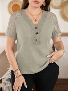 Lacomfia Camiseta de punto con parches de encaje para mujer talla grande, primavera/verano - Gris Claro - Ver 3