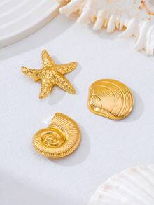 1pc/3pcs Brooch Bikini Accessories, Starfish, Shell, Conch Bohemian Textured Asymmetrical Golden Metal Ocean Life Brooch, Suitable For Daily, Party, Music Festival, Beach, Bikini, Elegant And Refined For Women - Yellow Gold - View 2