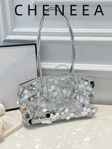 Bolso cuadrado de lentejuelas de moda nueva para primavera/verano, con cierre de cremallera, correas de hombro dobles, Body suave, gran capacidad y diseño minimalista ligero - Plateado - Ver 8
