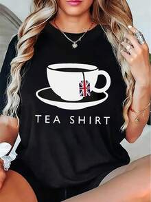 1 camiseta de mujer con estampado de té de estilo británico - Camiseta suave de manga corta con cuello redondo, adecuada para uso diario casual y eventos de temática británica - Lavable a máquina, 180g, 100% algodón. - Negro - Ver 2