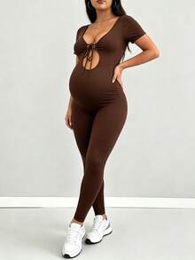 Parara 孕婦連身褲，修身舒適短袖休閒套裝，夏季棕色 - 棕色 - 查看 7