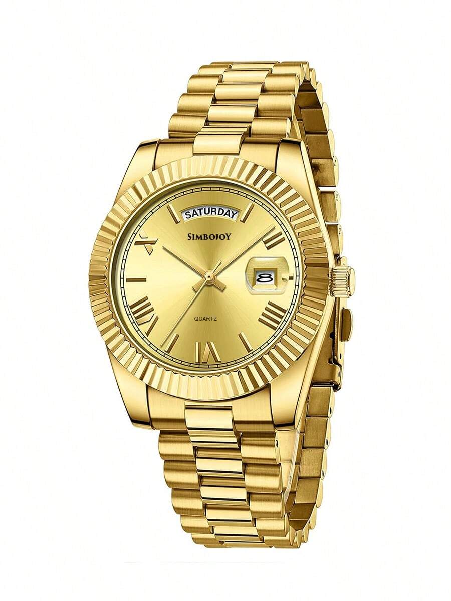 SIMBOJOY Men's Watch Stainless Steel Solid Steel Strap Calendar Week Classic Men's Gold Business Watch Men's Casual Quartz Watch Men's Waterproof Watch - Gold - View 1