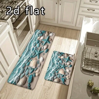 1pc/2pcs/3pcs Shell, Starfish, Pebble Pattern Kitchen Floor Mat, Non-Slip Washable Coastal Decor Rug For Kitchen, Living Room, Hallway, Bathroom, Indoor & Outdoor Entrance, Refreshing Home Decor, Machine Washable, Absorbent & Oil-Resistant Mat