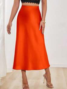 Falda en A de satén elegante y versátil para mujer - Naranja Quemada - Ver 5