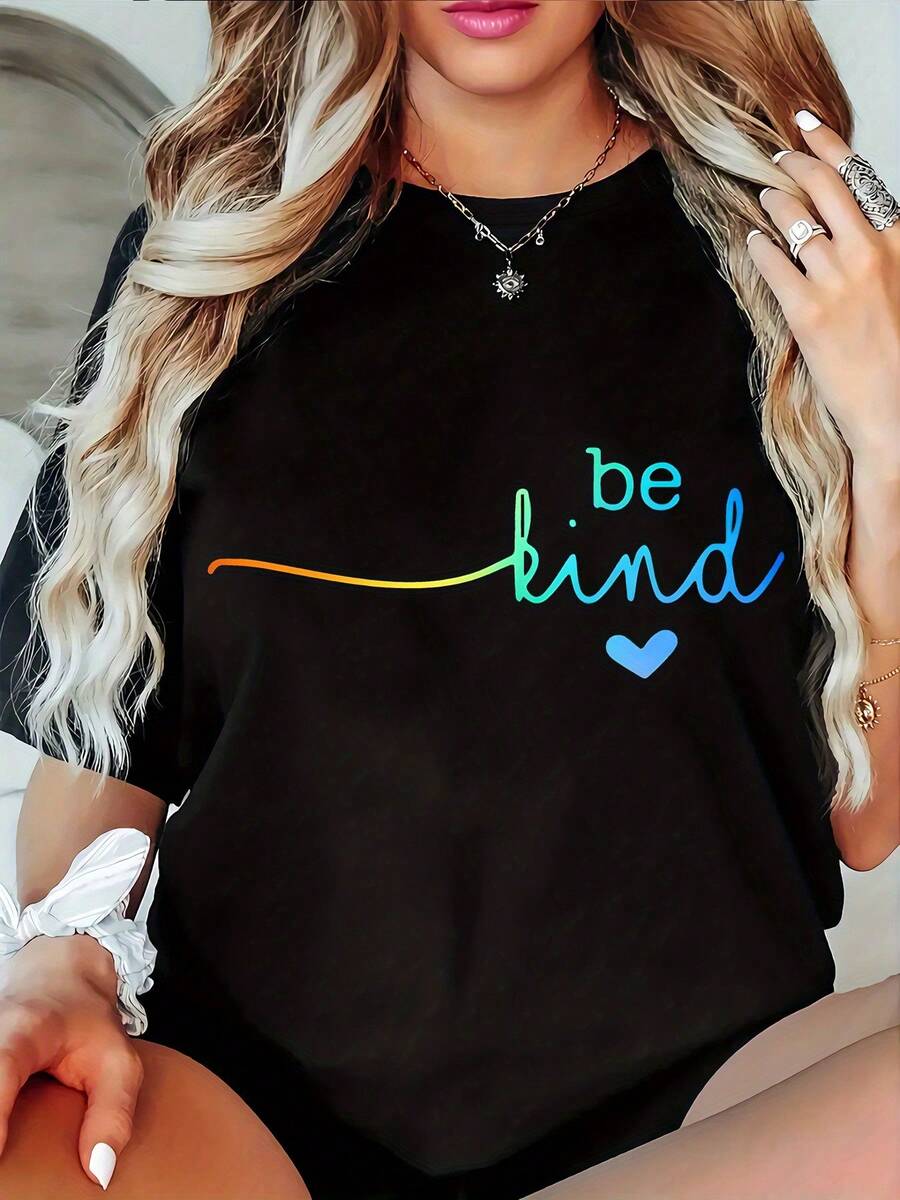 Ligera y Holgada - Camiseta casual para mujer, de corte holgado, cuello redondo, mangas cortas, tela ligeramente elástica, diseño cómodo, adecuada par - Negro - Ver 1