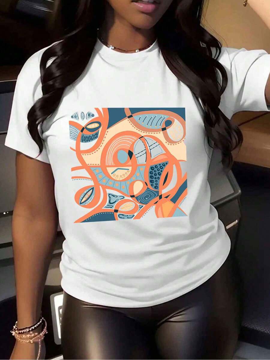 1 pieza de camiseta blanca con diseño abstracto de Wo'S |   Estampado moderno de nudos celtas griegos en colores naranja brillante, azul, negro y rosa. |   Camiseta casual de verano de manga corta, con patrón geométrico, 180g 100% algodón. - Blanco - Ver 1