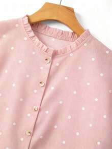 Blusa de mujer con cuello redondo, sin mangas, con volantes y estampado de lunares vintage francés, versátil para ir al trabajo, tomar el té por la tarde, uso diario, holgada y casual - Rosa - Ver 4
