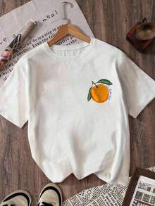 Women's "Orange Sweet La Dolce Vita" Casual Loose Graphic T-Shirt, Breathable And Comfortable, Short Sleeve And Round Neck, With Double-Sided Orange Print, Made Of Soft Cotton, Perfect For Everyday Wear And Summer Urban Style. - 白色 - 查看 2