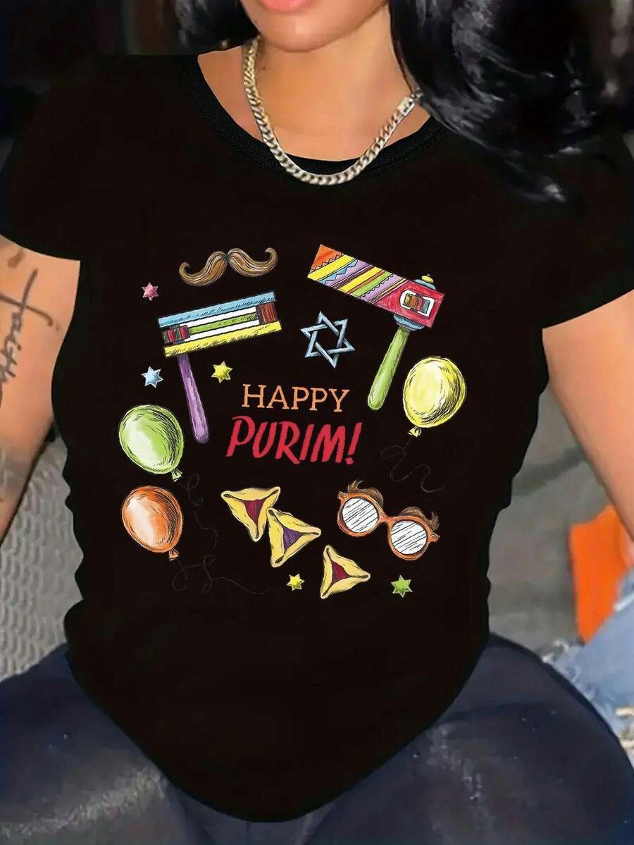 1 Women's Short Sleeve T-Shirt With A Theme, Featuring A Casual Crew Neck Design And Decorated With Letters And Dice Prints. This Spring/Autumn Clothing Item Makes A Great Holiday Gift And Is Machine Washable. 180g 100% Cotton. - 黑色 - 查看 1