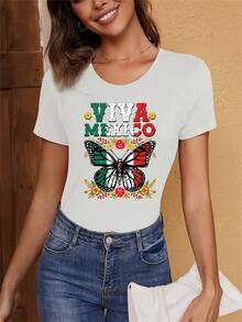 Celebrando el espíritu mexicano: Camiseta "Viva México" estampada con coloridas mariposas. Elegante camiseta deportiva casual de cuello redondo para mujer, cómoda para las cuatro estaciones, ¡una prenda que seguramente te encantará! --Camiseta cómoda y relajada para el tiempo libre. - Blanco - Ver 11