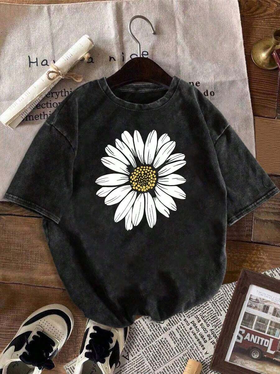 One Plus-Size Women's Vintage Washed T-Shirt With A Classic Design Featuring Letter, Plant, And Animal Prints. With Its Retro And Classic Style, It's A Vacation Travel Essential. Y2Y-Summer Clothes, 180g, 100% Cotton - 黑色 - 查看 1