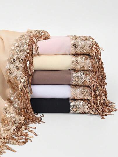 1pc High-Quality Luxury Sequin Tassel Chiffon Long Scarf, Versatile Elegant Headscarf, Party/Event Shawl