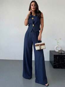 Nuevo conjunto de primavera para mujer de 2 piezas con chaleco asimétrico de botón metálico de textura de lino color caqui y pantalones anchos de cintura alta estilizadores, elegante vestimenta de oficina - Azul marino - Ver 7