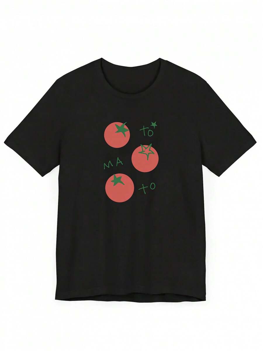 Women's Short-Sleeved T-Shirt, Personalized, New Spring/Summer 2026 Collection, With Cartoon Letter Print In Cherry Tomato Orange, Suitable For Summer, Y2K Clothing - Unisex Loose Cotton Short-Sleeved Round Neck T-Shirt, Urban Vintage Style. - 黑色 - 查看 1