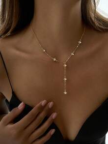 Nooxian 1pc Women's Necklace, Exquisite Copper Inlaid Zirconia Four-Leaf Clover & Starburst Pendant With Tassel Y-Shaped Long Necklace, Suitable For Daily Deep V Dress, Party Accessories, Gift - Gold - View 1
