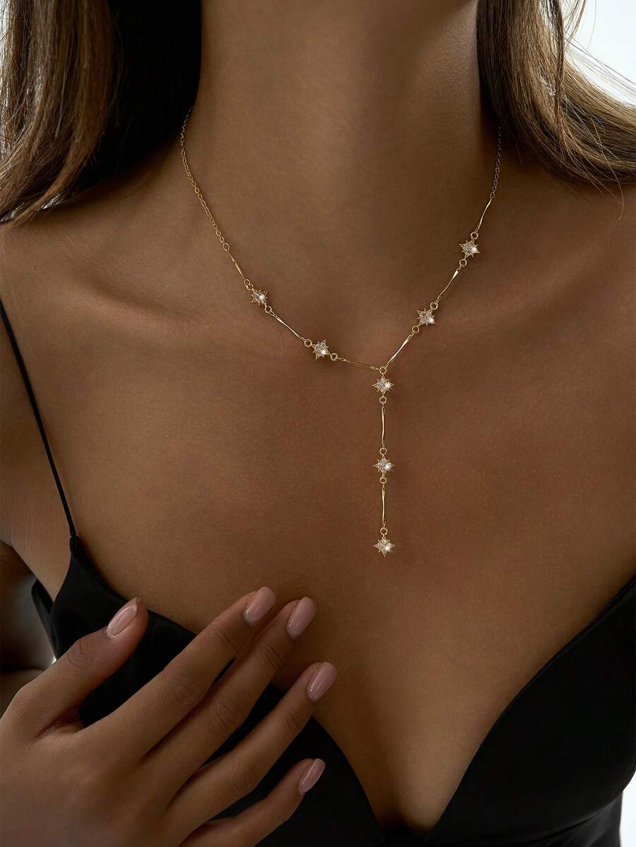 Nooxian 1pc Women's Necklace, Exquisite Copper Inlaid Zirconia Four-Leaf Clover & Starburst Pendant With Tassel Y-Shaped Long Necklace, Suitable For Daily Deep V Dress, Party Accessories, Gift - Gold - View 1