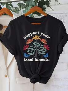 Women's Tops, Women's T-Shirts, Mother's Day, Casual Blouses For Ladies, Women's Tops, 2000s Style, Women's Floral Print T-Shirt 'Support Your Local Insects' For Outdoor Gardening Activities, Fun Style, Short Sleeve, T-Shirt With A Natural Touch. - 黑色 - 查看 6